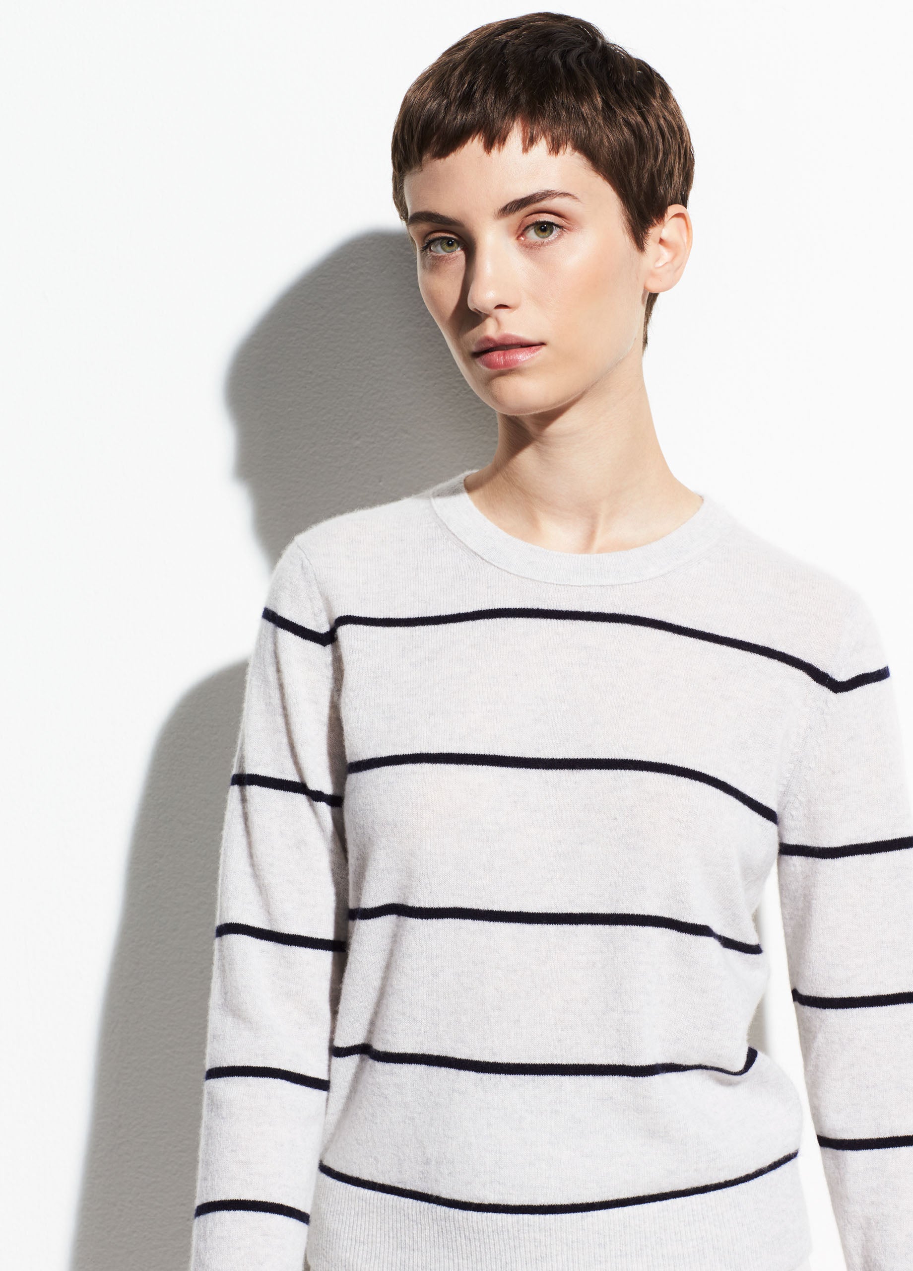 Vince | Striped Overlay Cashmere Crew in Heather Cloud/Coastal | Vince ...