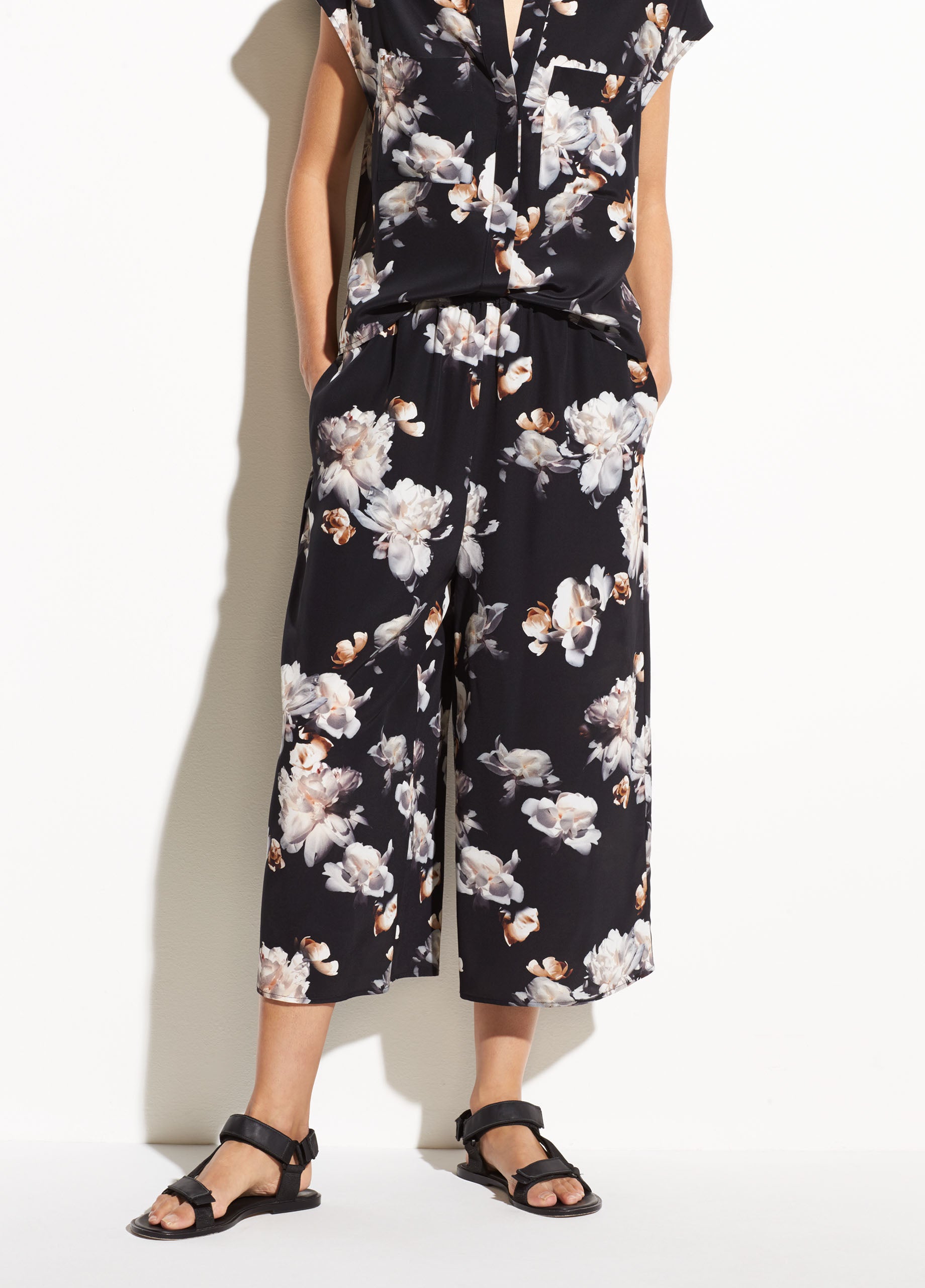 Vince | Peony Print Silk Culotte in Black | Vince Unfold