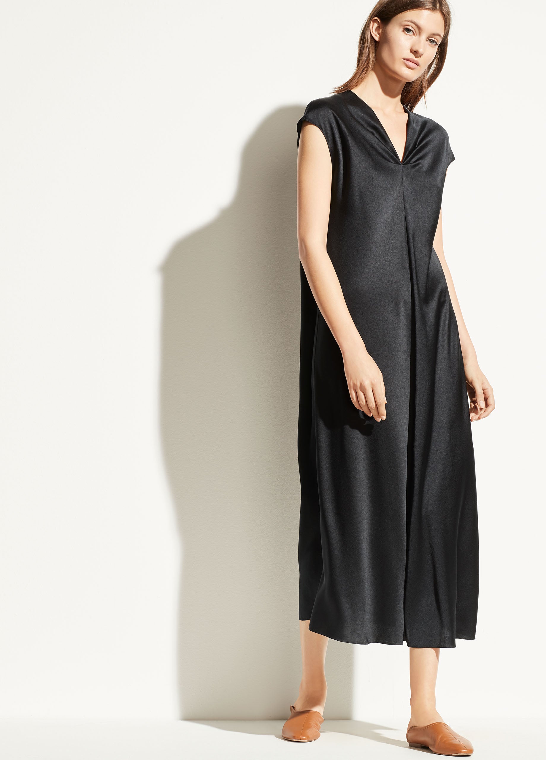 Vince, Satin V-Neck Drape Dress in Black