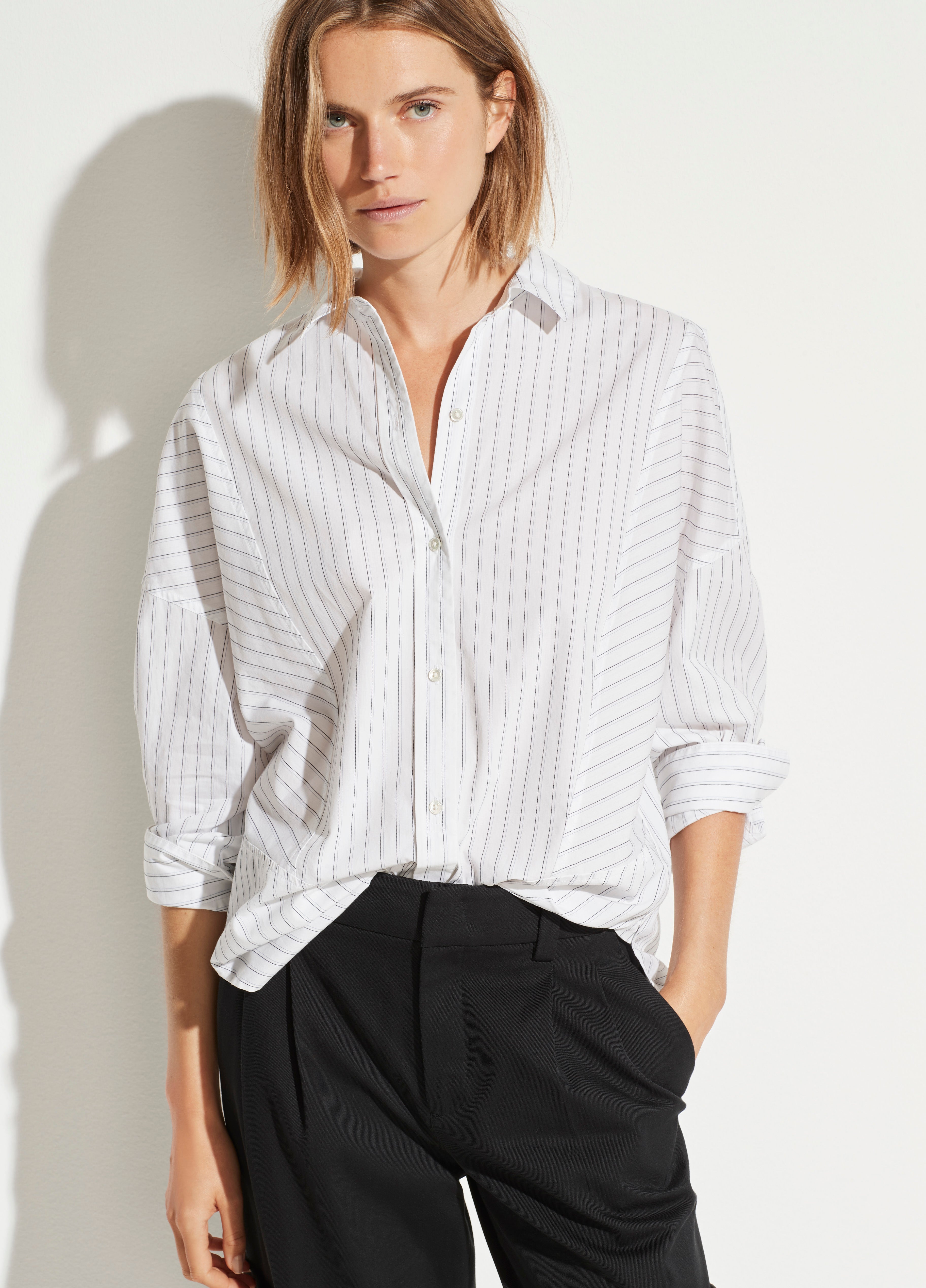 Vince | Paneled Double Pinstripe Shirt in Optic White | Vince Unfold