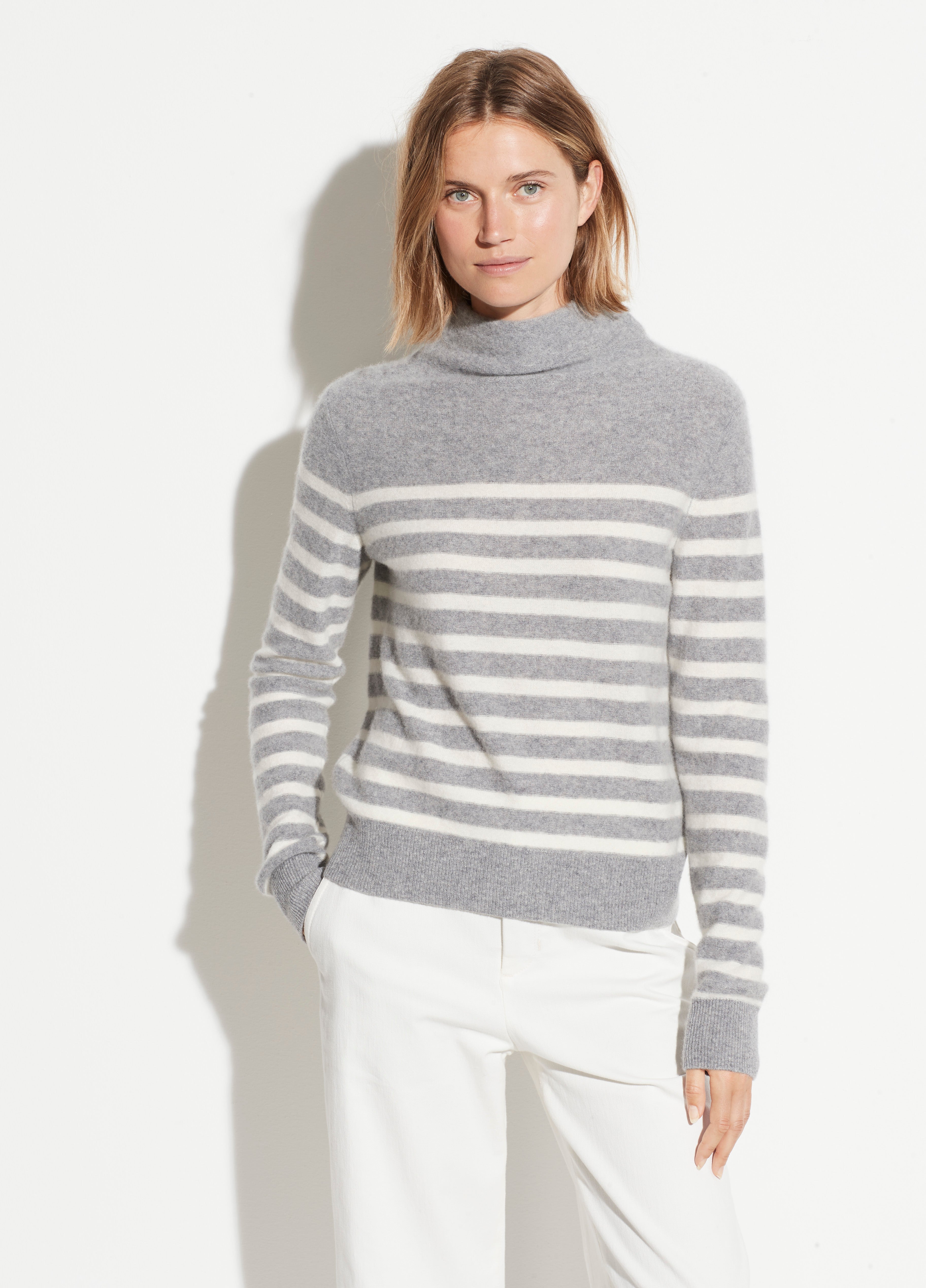 Vince | Cashmere Breton Stripe Turtleneck in Heather Grey/Off White ...