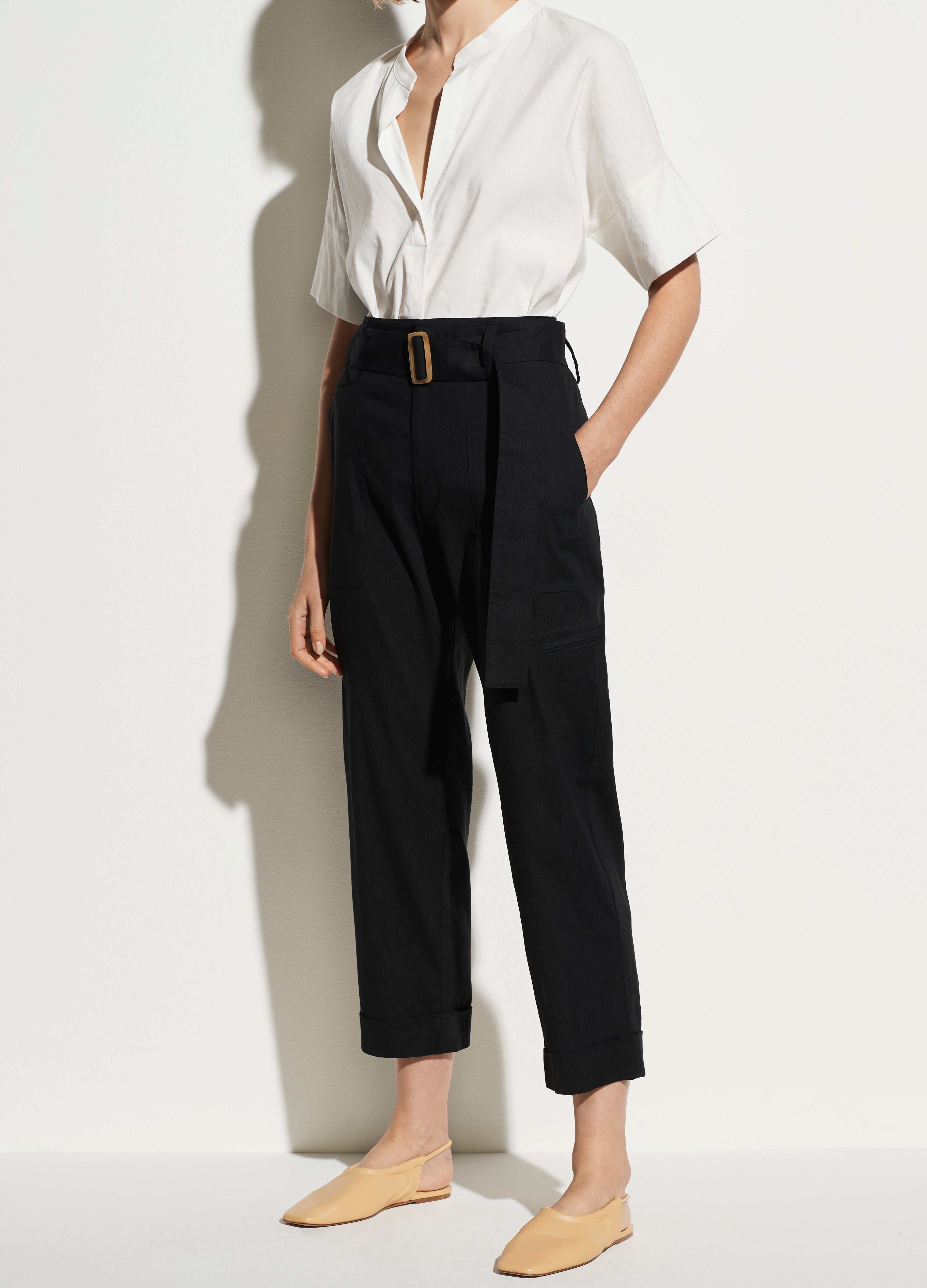 Vince, Cropped Belted Linen Pant in Black