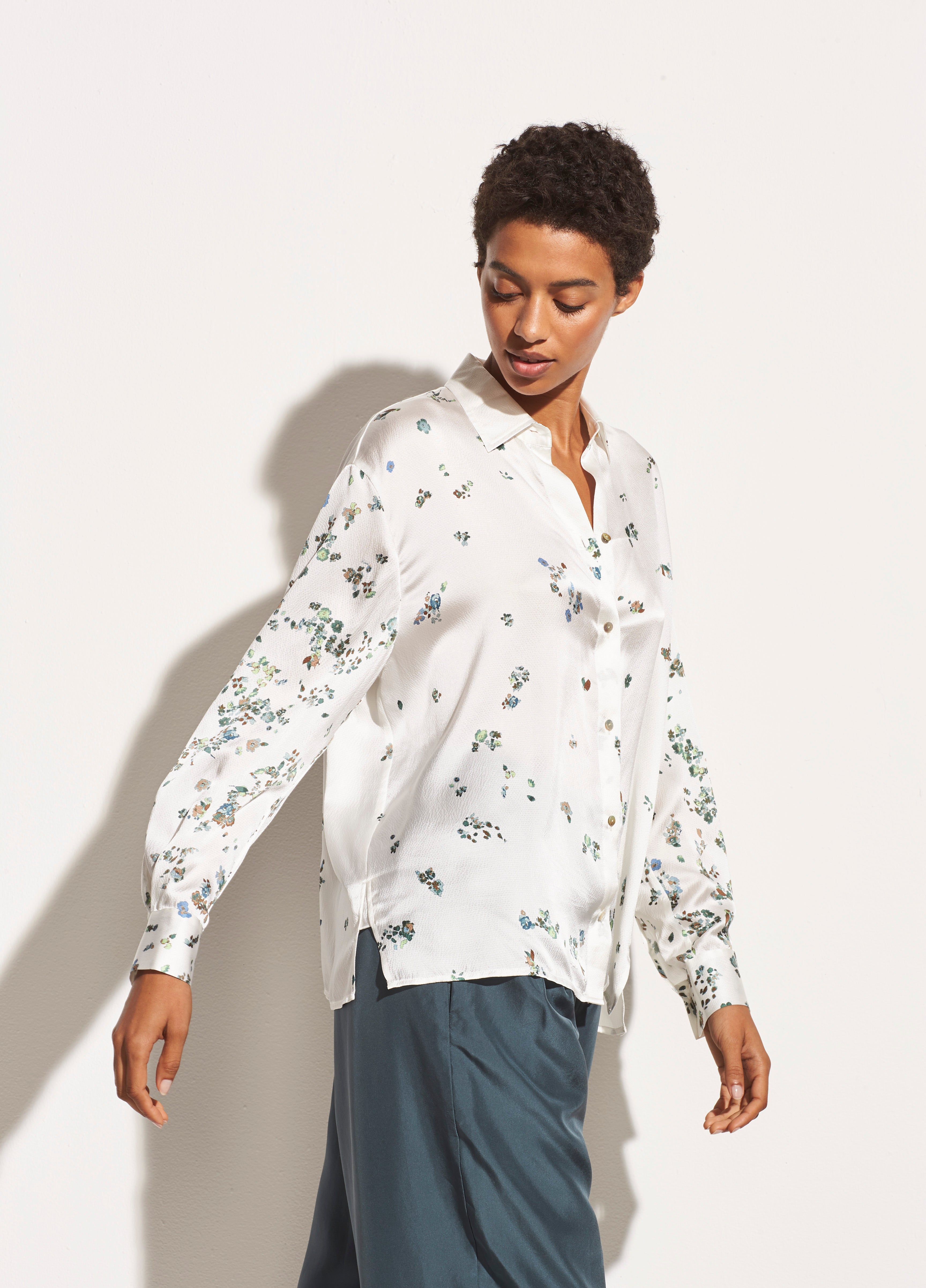Vince | Scattered Floral Satin Blouse in Optic White | Vince Unfold