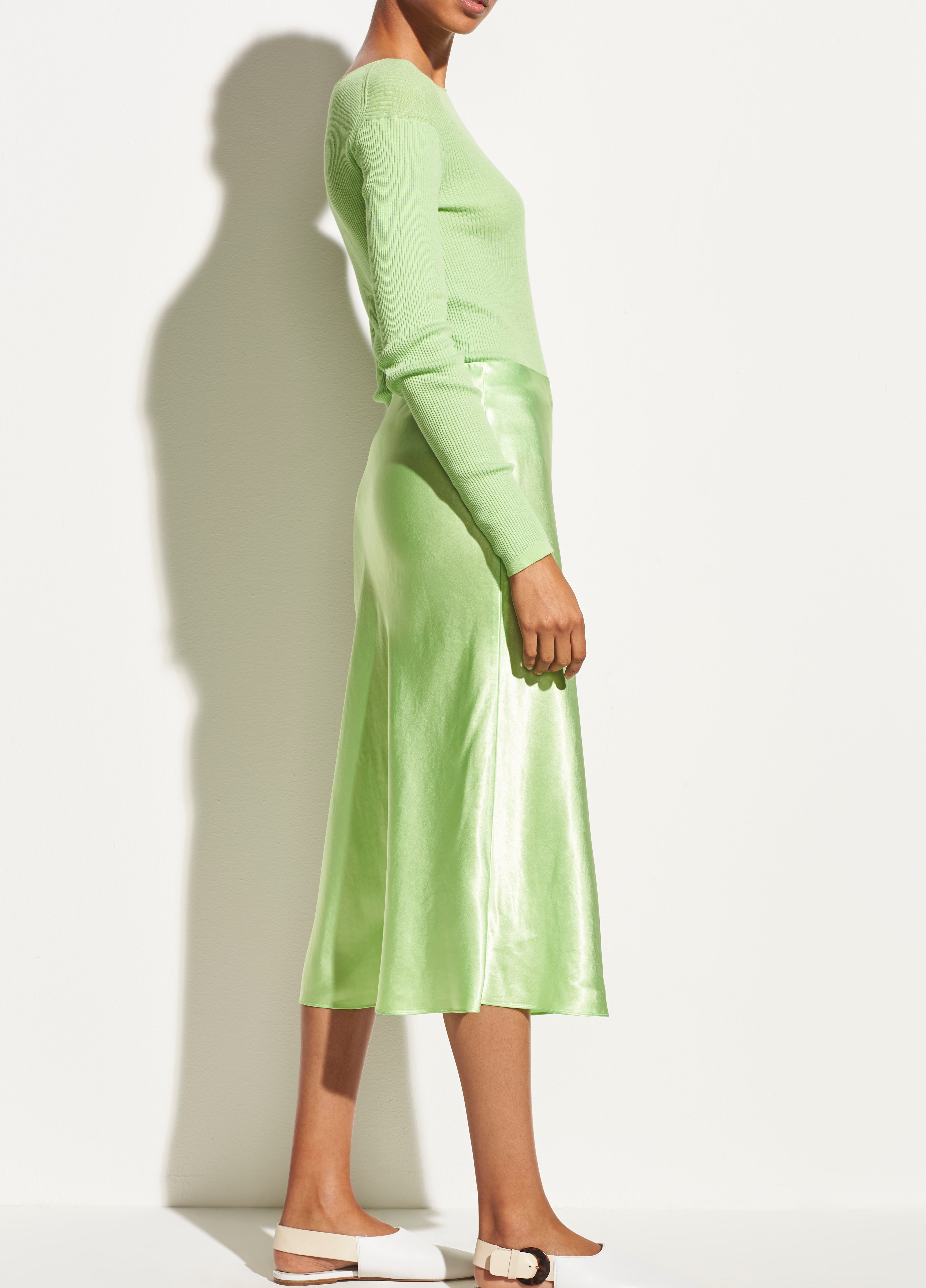 green satin slip skirt