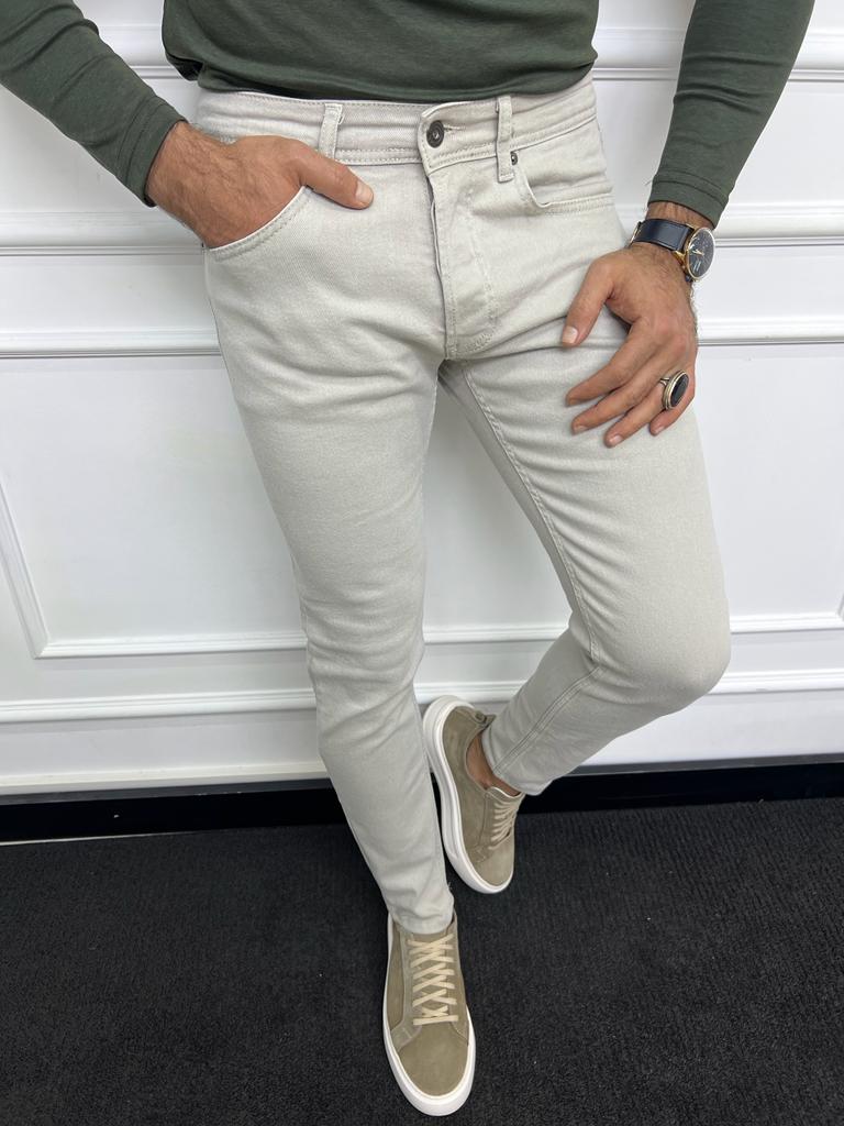 Leon Slim Fit Lycra Beige Jeans – MCR TAILOR