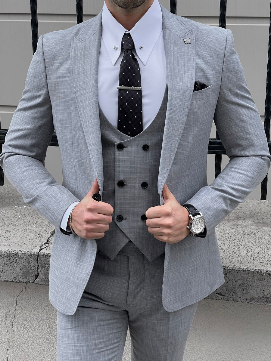Louis Slim Fit Self Patterned Gray Suit – MCR TAILOR