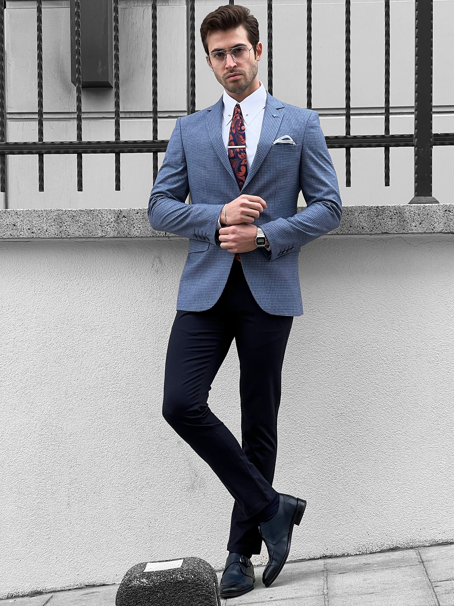 Louis Slim Fit High Quality Blue & Gray Blazer – MCR TAILOR