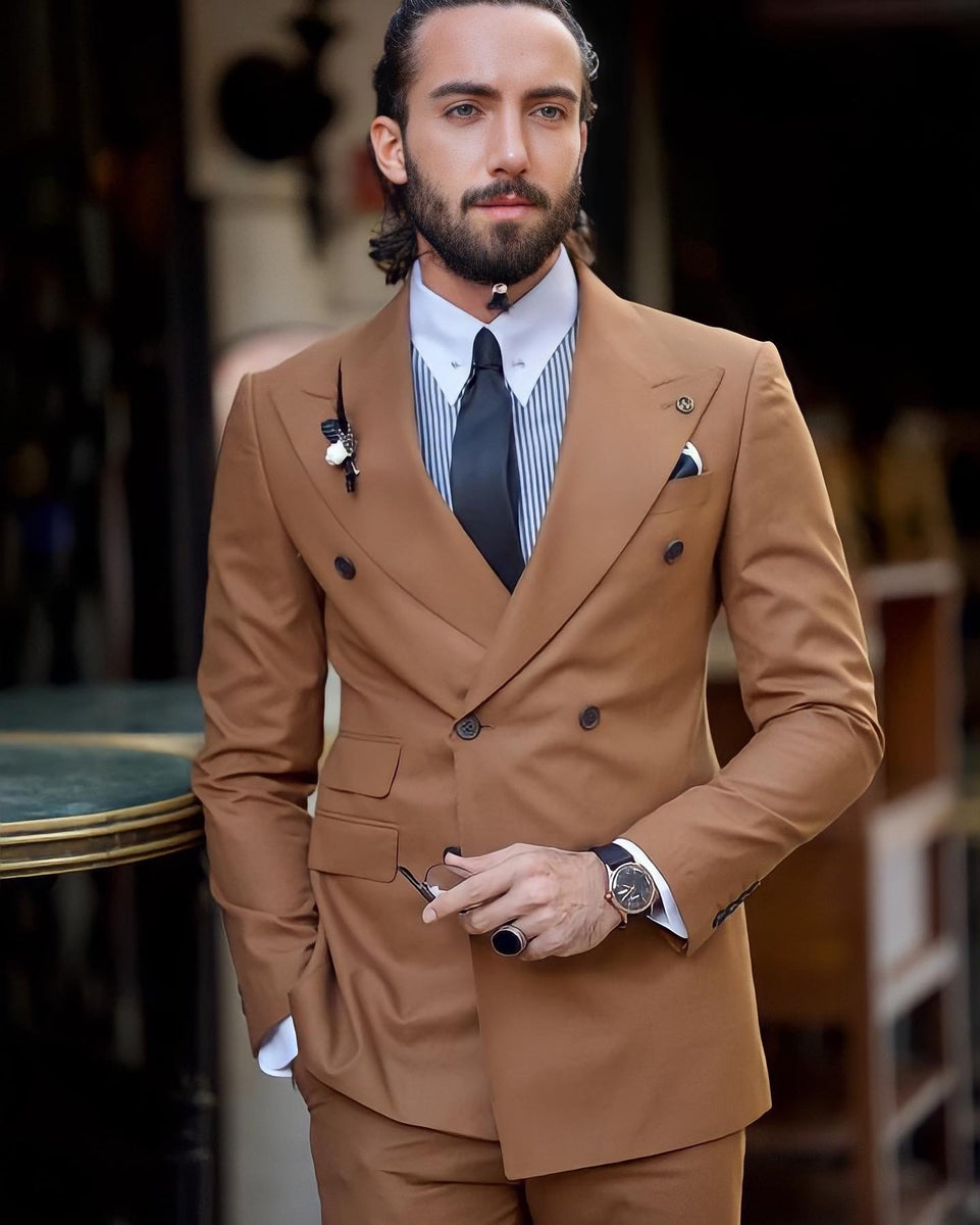 Evan Slim Fit Camel Double Breasted Suit – MCR TAILOR