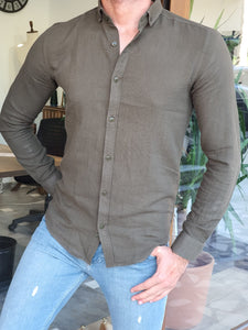Lucas Slim Fit Patterned Khaki Linen Shirt