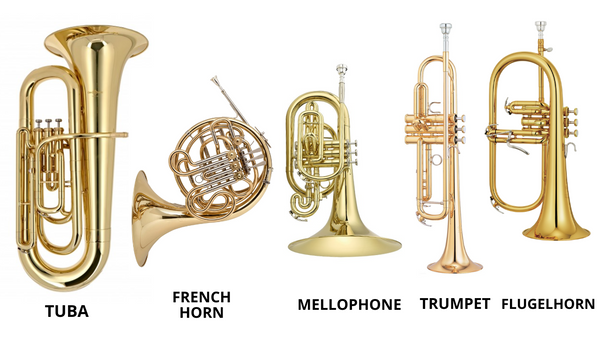 tuba, French horn, mellophone, trumpet, flugelhorn