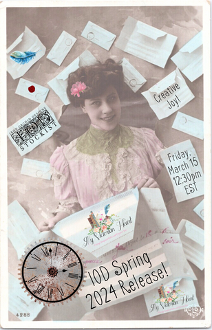 IOD Spring 2024 Release Day graphic with Victorian French lady postcard with old letters by My Victorian Heart