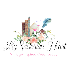 My Victorian Heart Logo with Old Books, Feather, Florals, Letter, Hearts