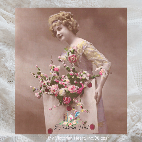 International Shipping Announcement graphic with color tinted Victorian Postcard lady holding a large envelope filled with flowers