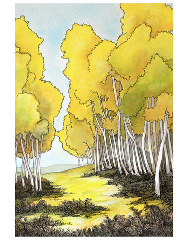 A slightly whimsical watercolor and pen illustration of yellow aspens over a yellow-ish clearing 