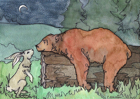 An ink and watercolor illustration of two animal friends, a bear and a bunny, under a night sky. The bear is laying on a log and they are about to boop noses.