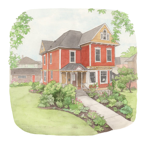 An ink and watercolor portrait of a reddish victorian home with ochre and white details, surrounded by gardens.