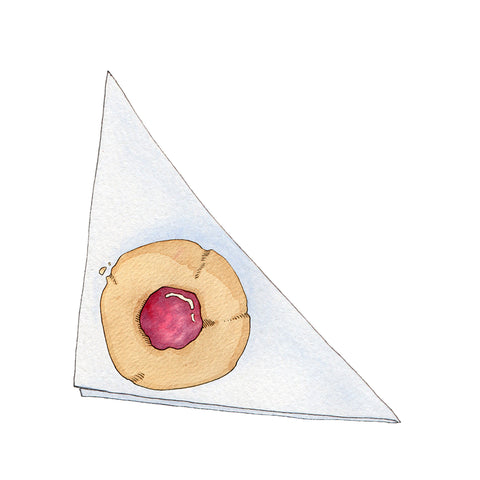 Watercolor and pen illustration of a Swedish thumbprint cookie on a folded napkin. 