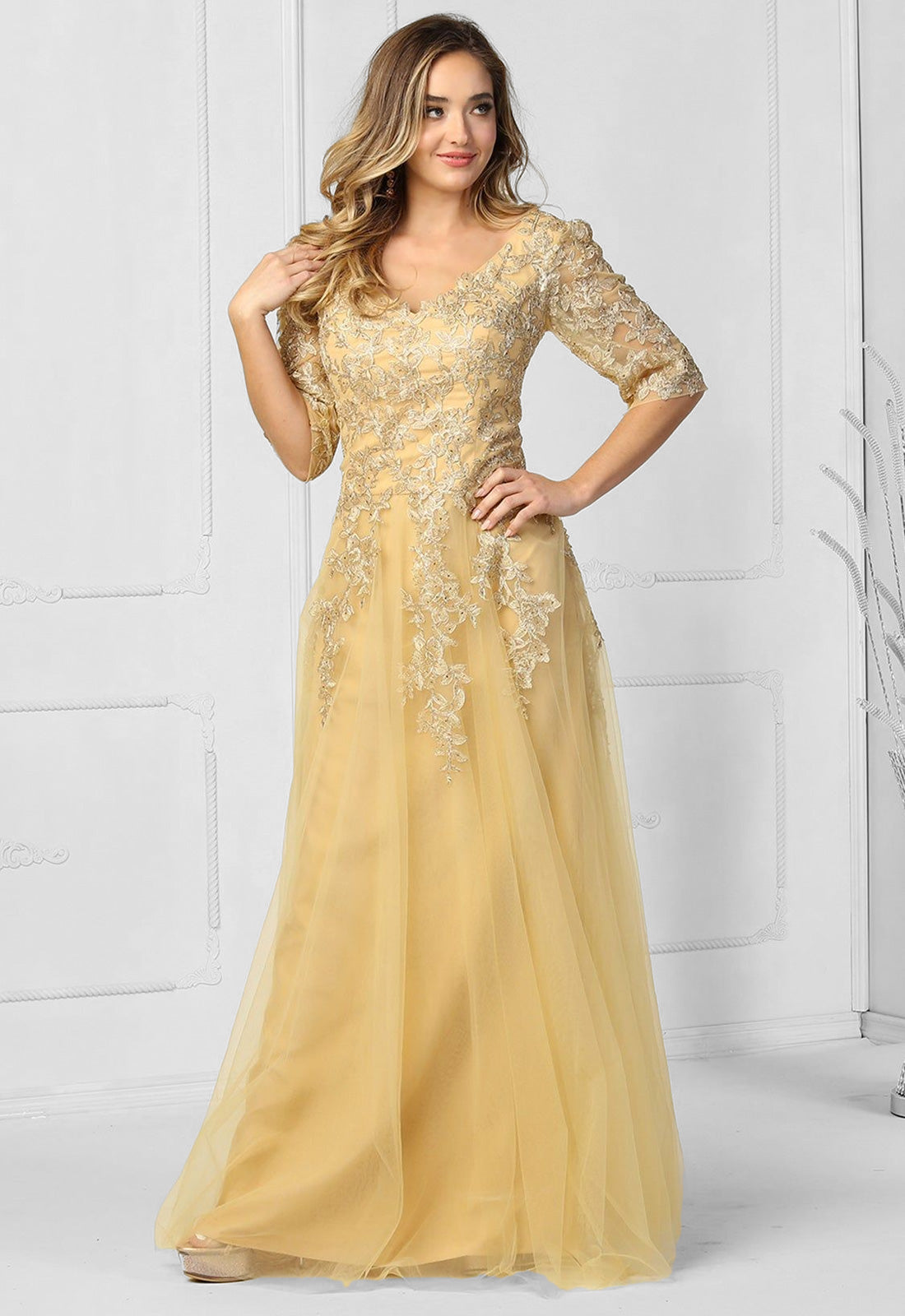Gold v neck tulle long prom dress, gold evening dress – shdress