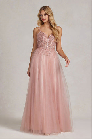 Nox Anabel F1086 Embroidered Formal Dress in Rose Gold