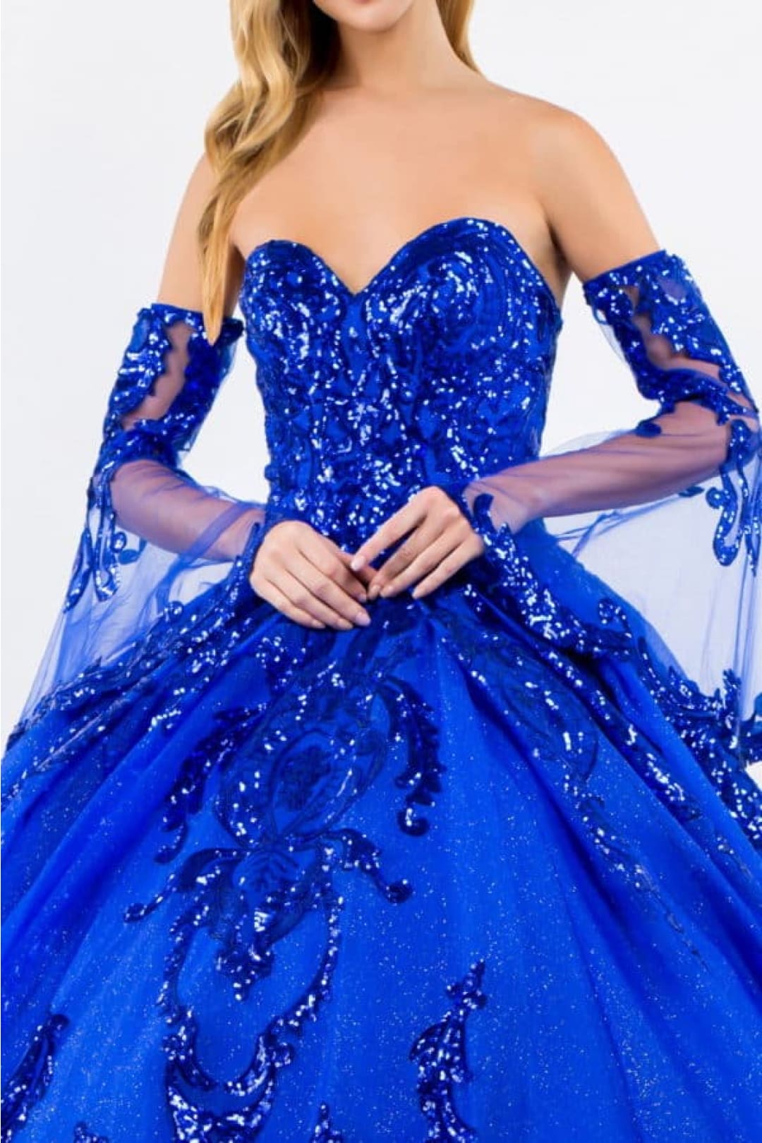 Elizabeth K GL1914 Detachable Sleeves Embellish Tiered Tail Ball Gown