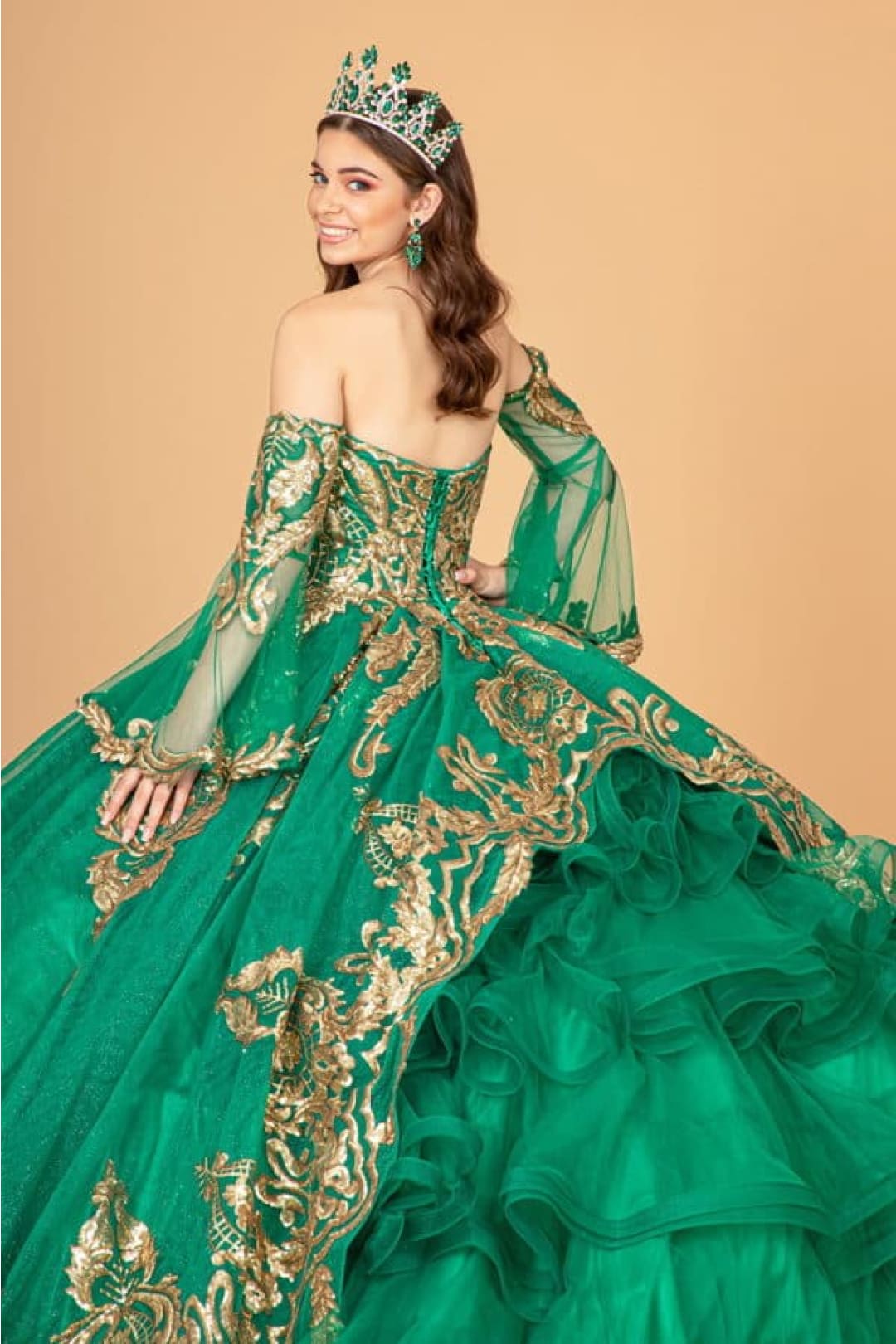 Elizabeth K GL1914 Detachable Sleeves Embellish Tiered Tail Ball Gown