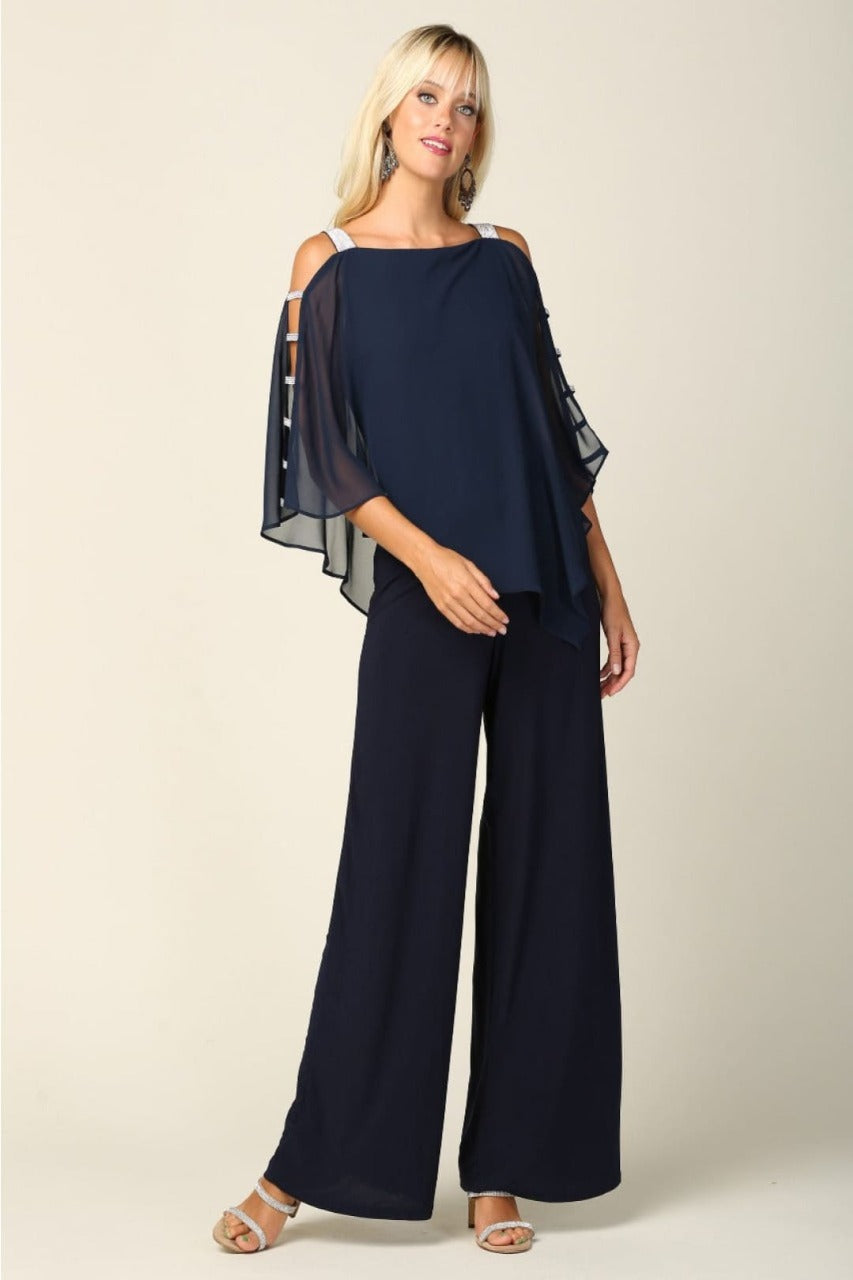 Eva USA 3381 Cape Overlay Stretch Jersey Formal Jumpsuit