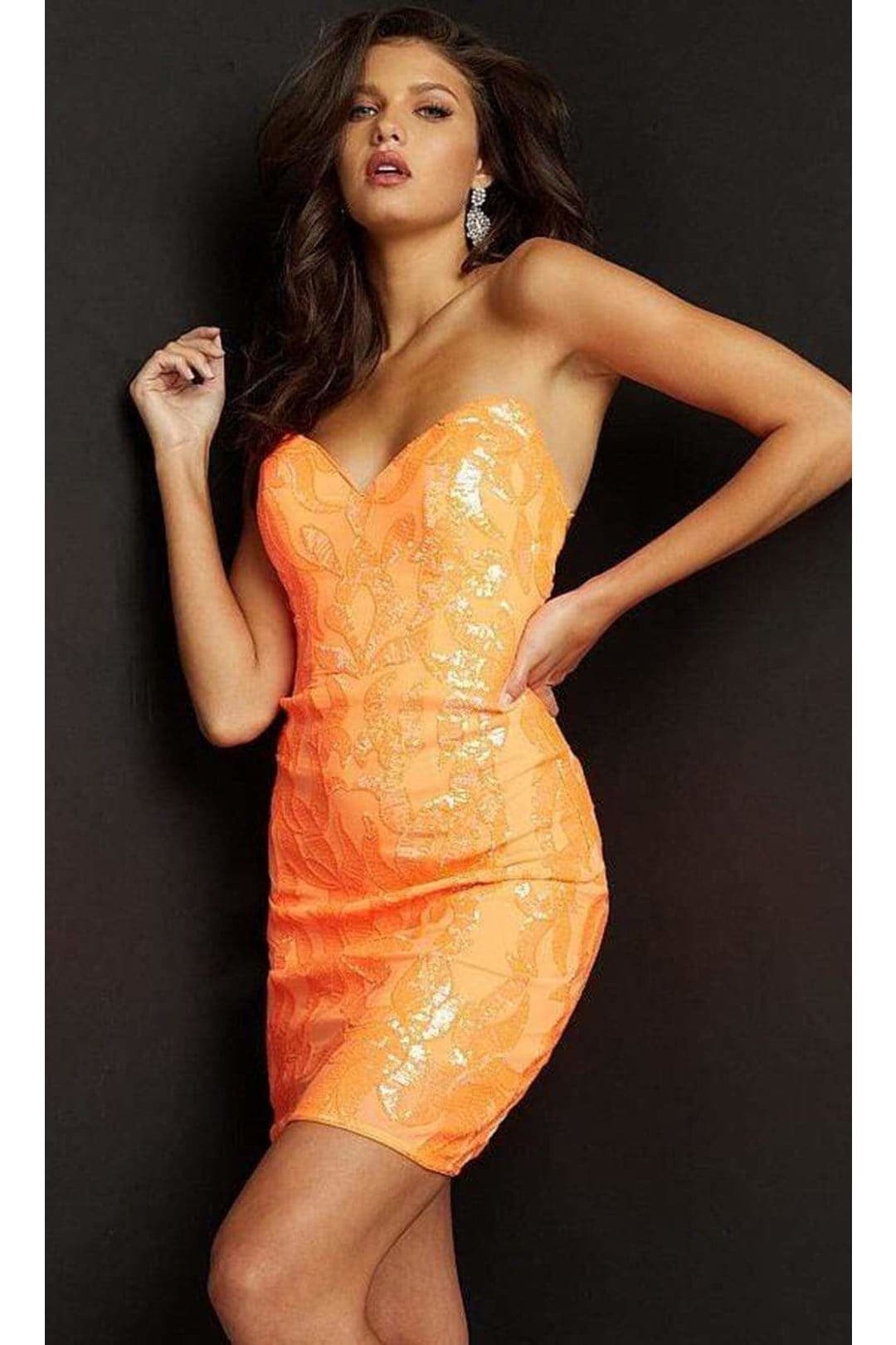 Jovani 07787 Sexy Strapless Sweetheart Lace Up Short Orange Prom Dress