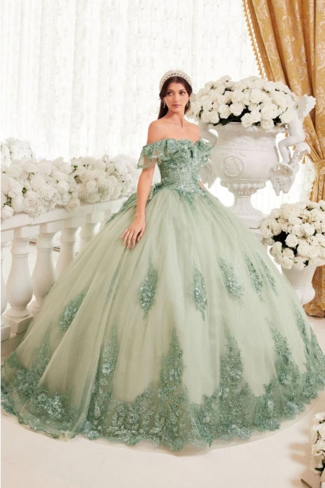 Ladivine 15701 3D Floral Corset Glitter Layered Quinceanera Ball Gown