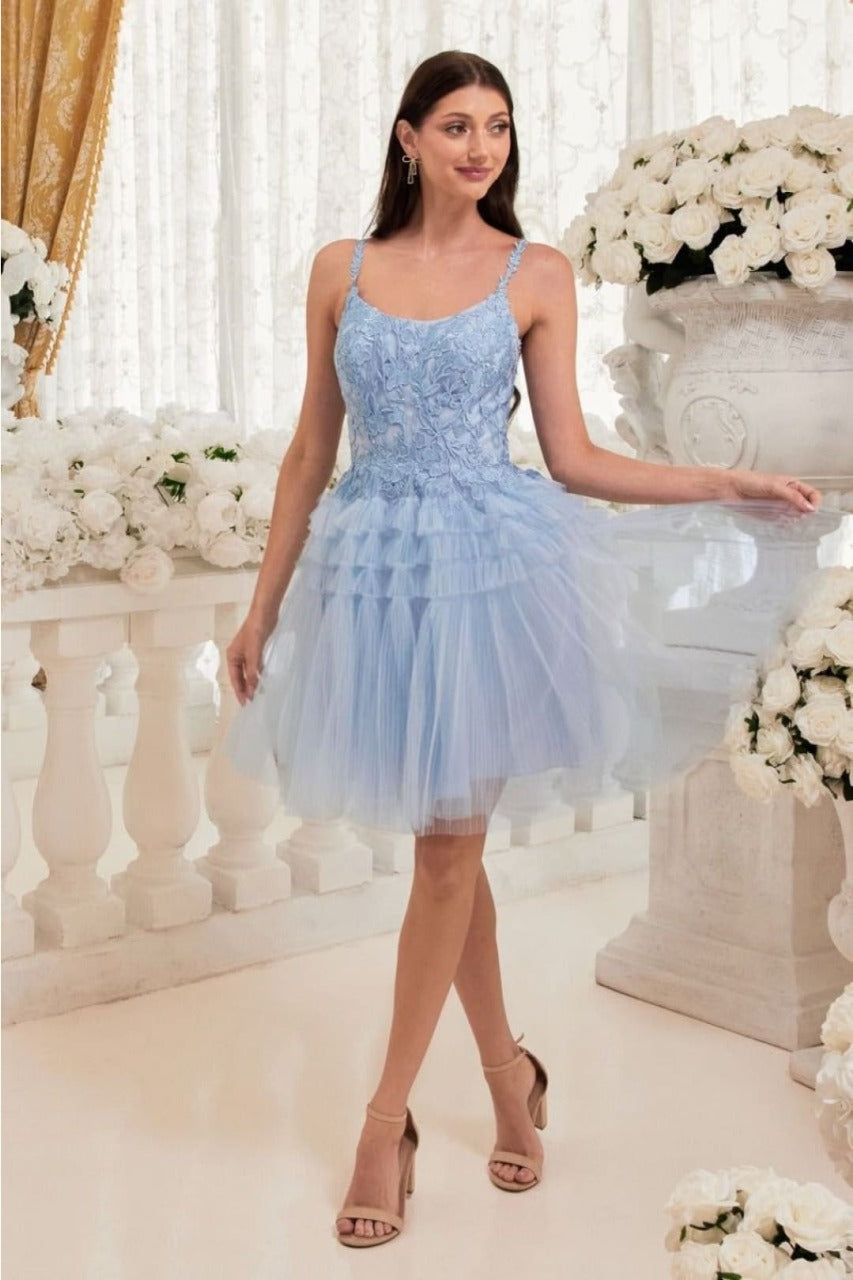 Ladivine 9310 Lace Applique Pleated Tulle Short Homecoming Dress