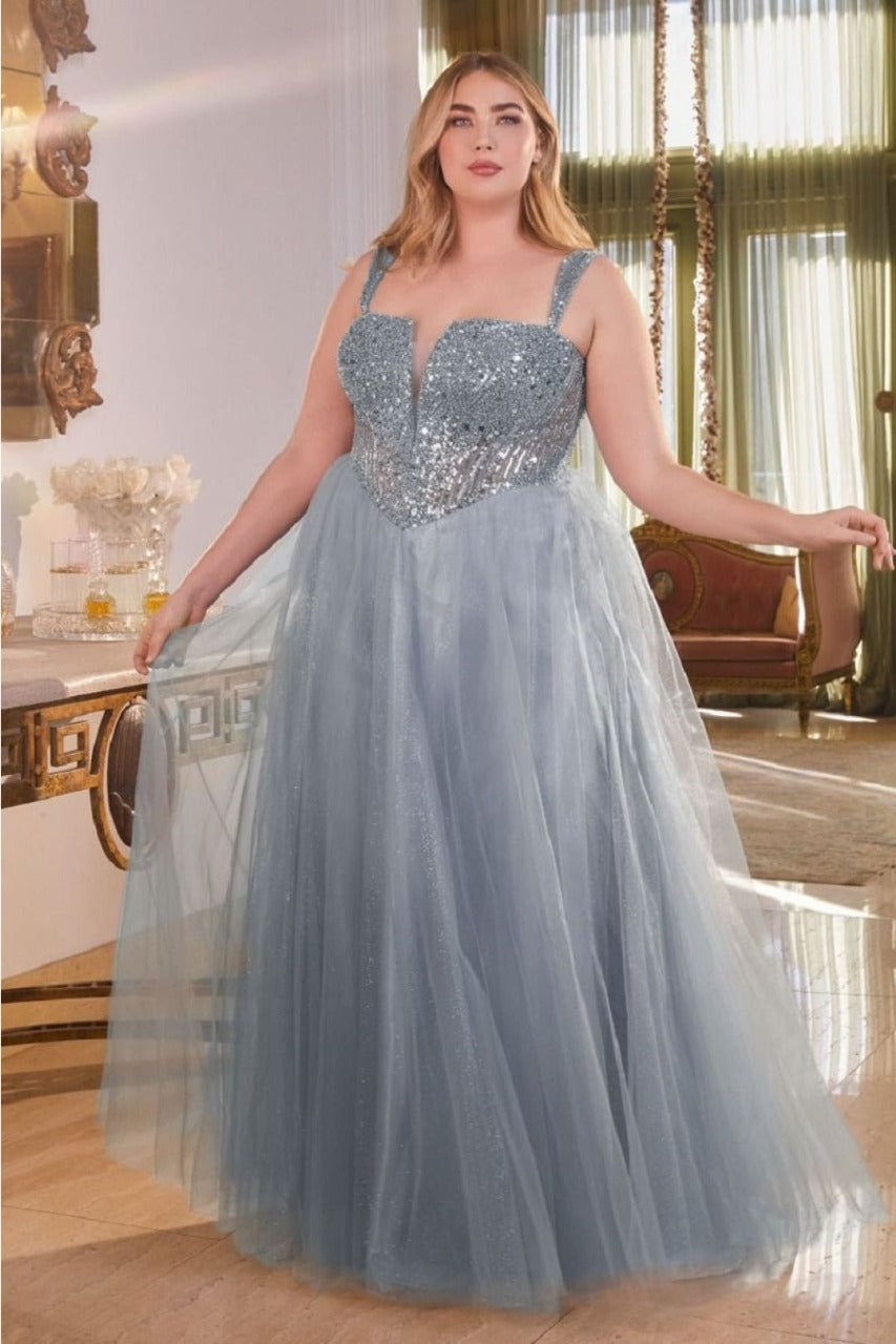 Ladivine CD0217C V-Neck Layered Glitter Plus Size Evening Gown