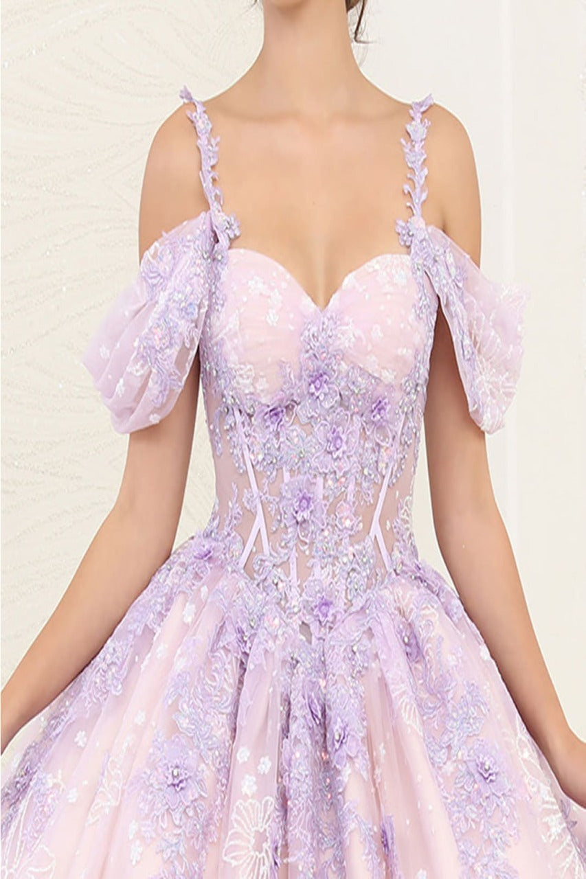 Layla K LK257 Sheer Corset Bodice Lilac/Blush Embellished Quince Gown