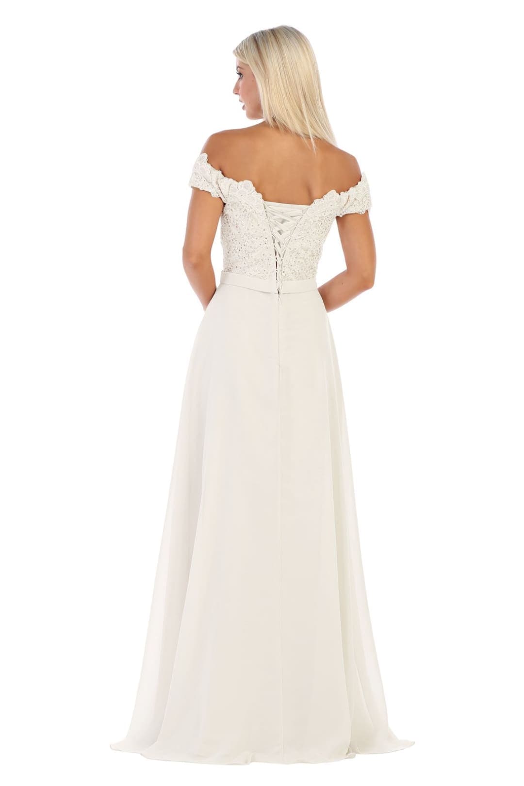 May Queen MQ1601B Off Shoulder Chiffon Long Wedding Ivory Gown