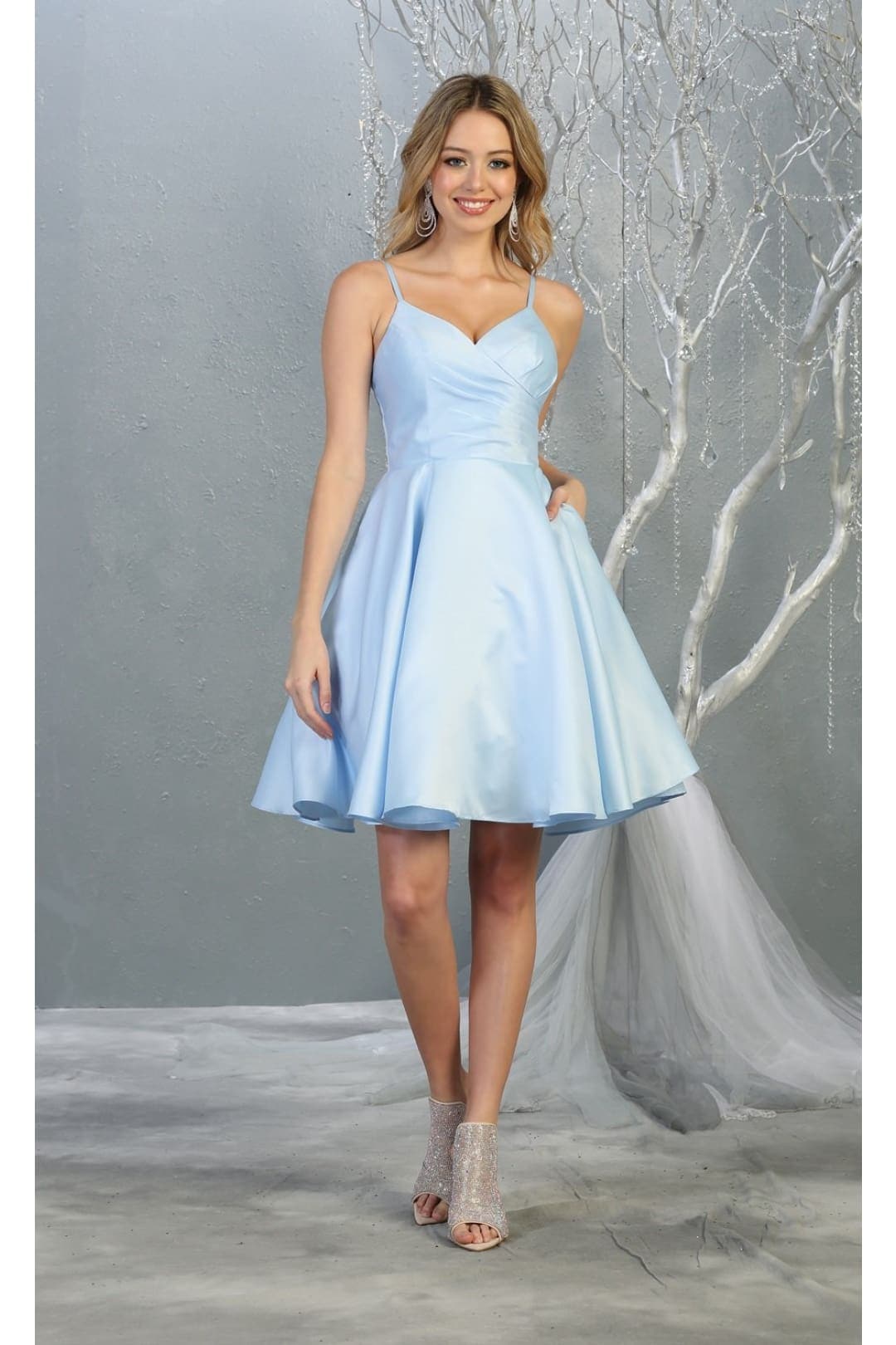 May Queen MQ1654 V Neck Simple Satin Short Hoco Dress