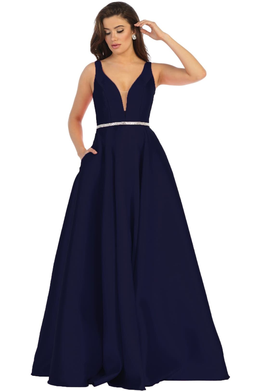 May Queen MQ1683 A Line Plunging V Neck Pockets Sleeveless Prom Dress