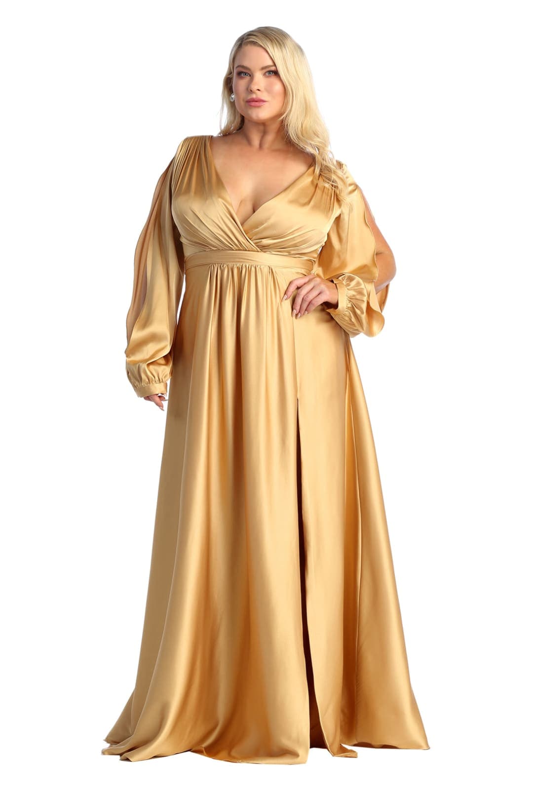 May Queen MQ1857 Split Long Sleeve High Slit Simple Evening Gown