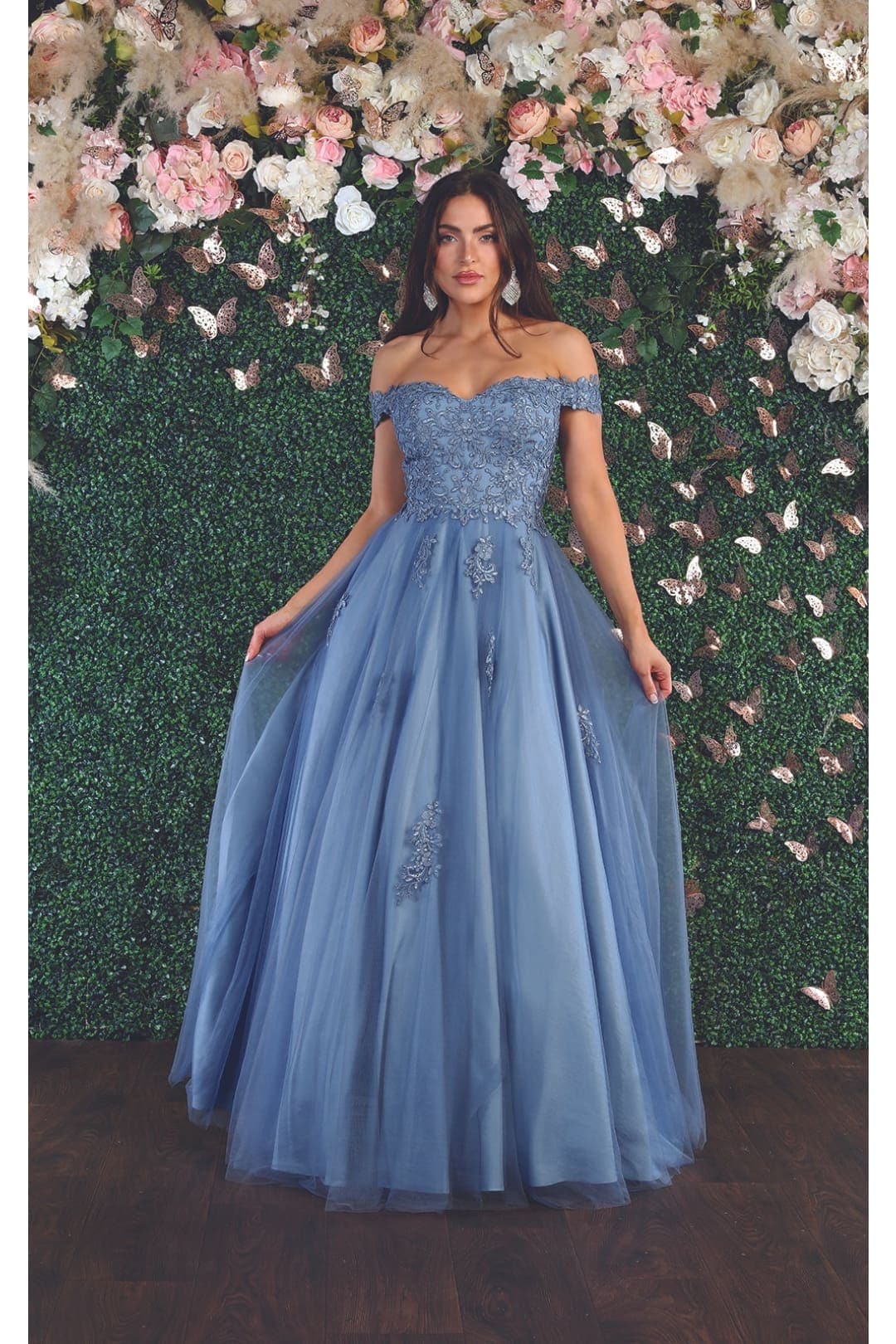 May Queen MQ1866 Off The Shoulder Prom Embroidered Mesh A-line Gown