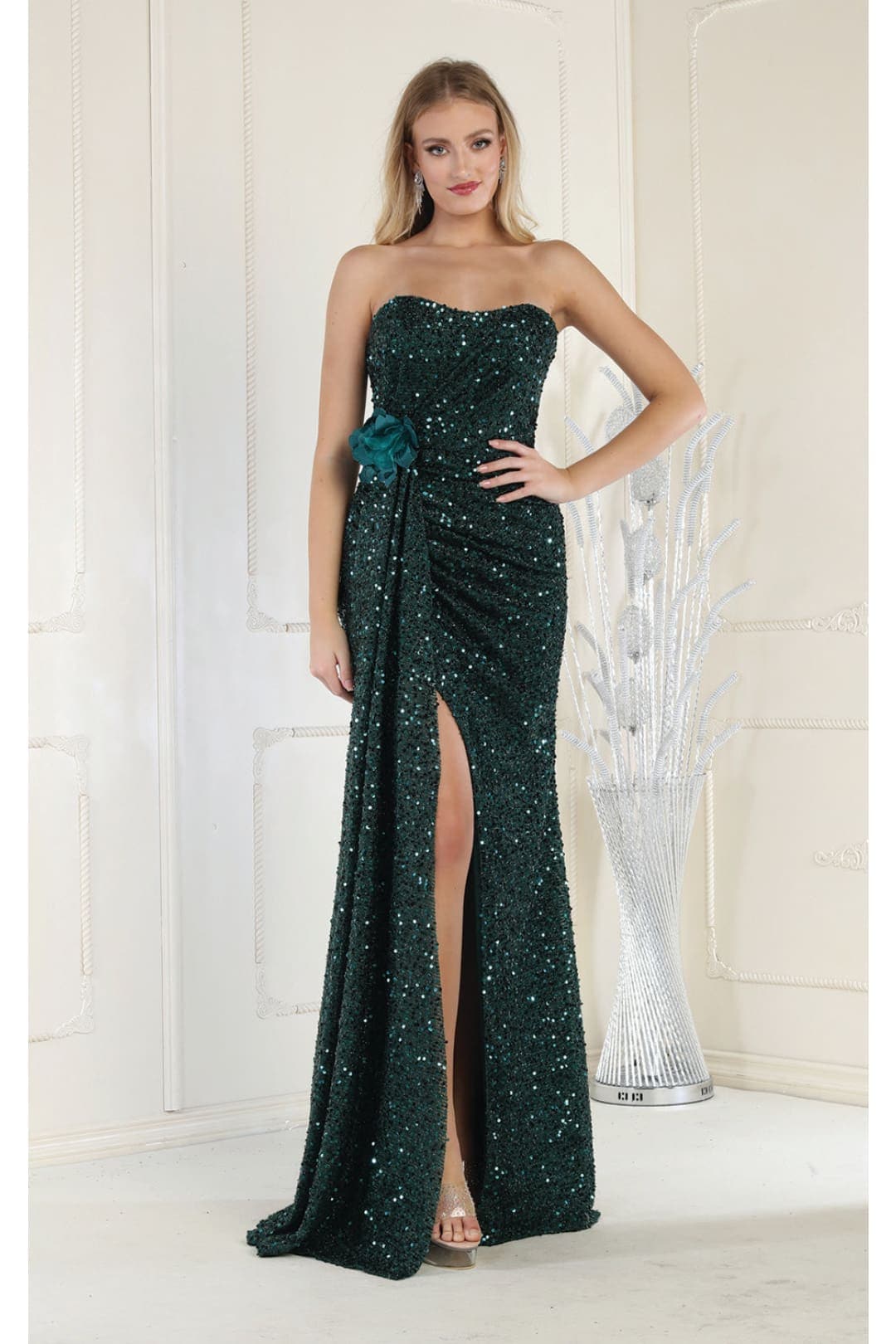 May Queen MQ1968G Sequin Strapless Long Slit Hunter Green Formal Dress