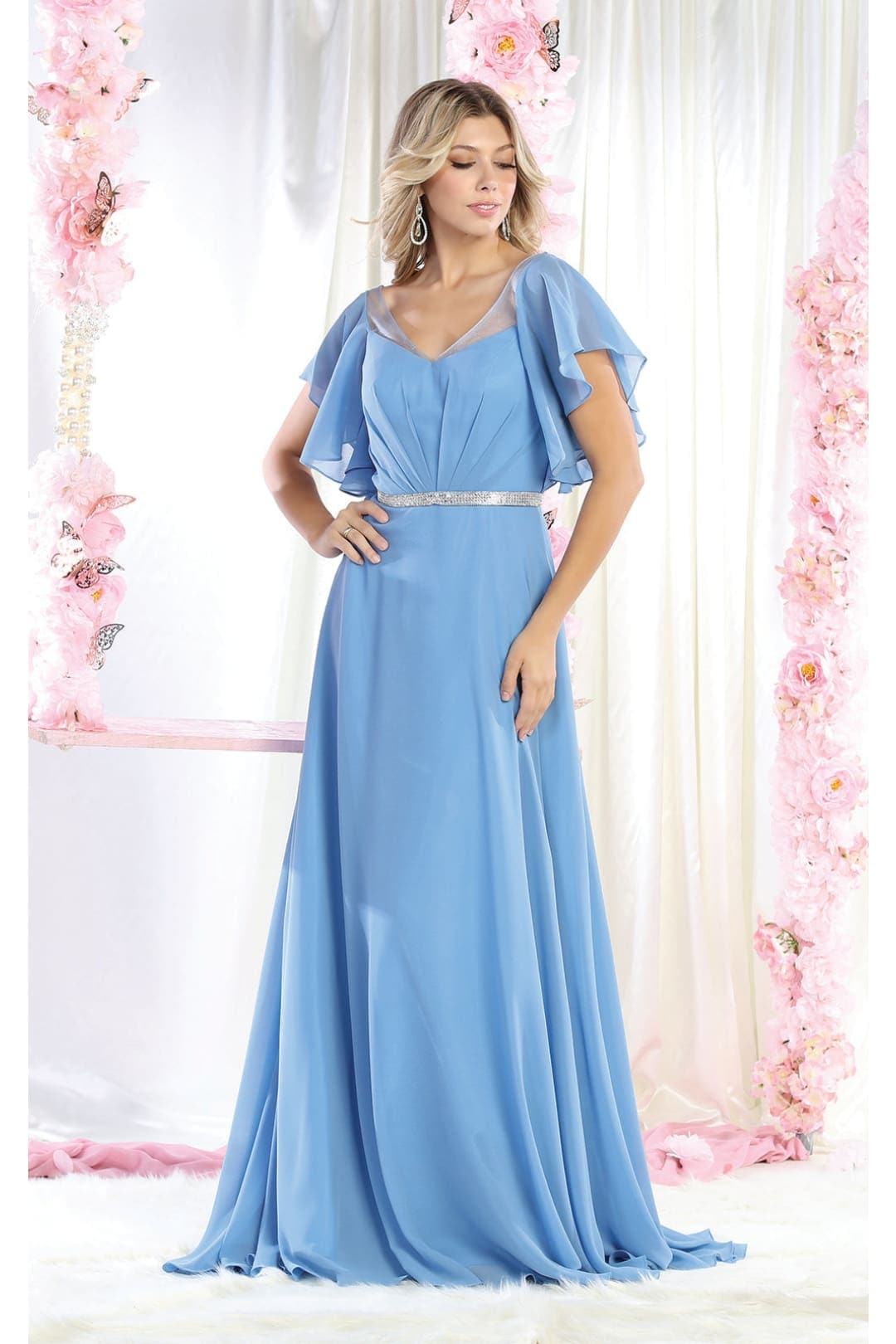 May Queen MQ1972 Bell Sleeve Long Chiffon A-Line Evening Dress