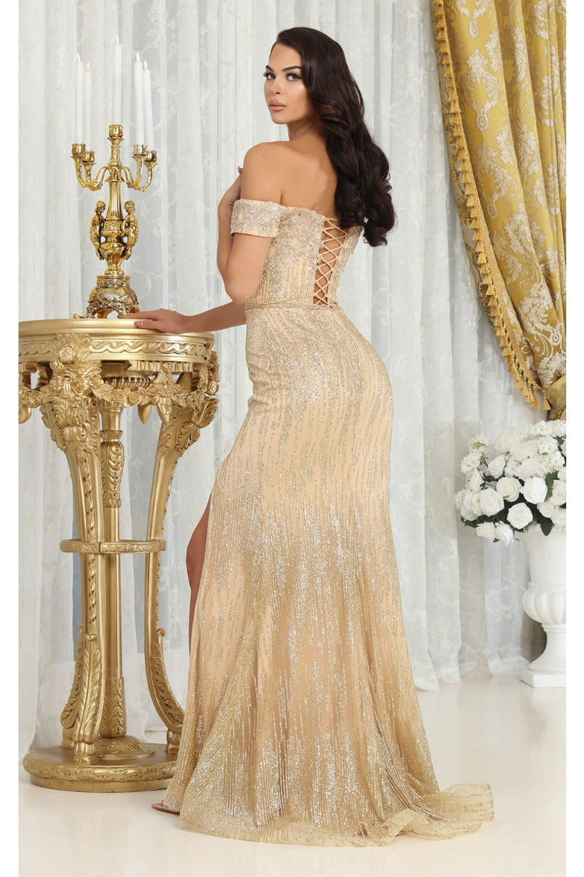 May Queen MQ2014 Glitter Corset Slit Off Shoulder Red Carpet Dress