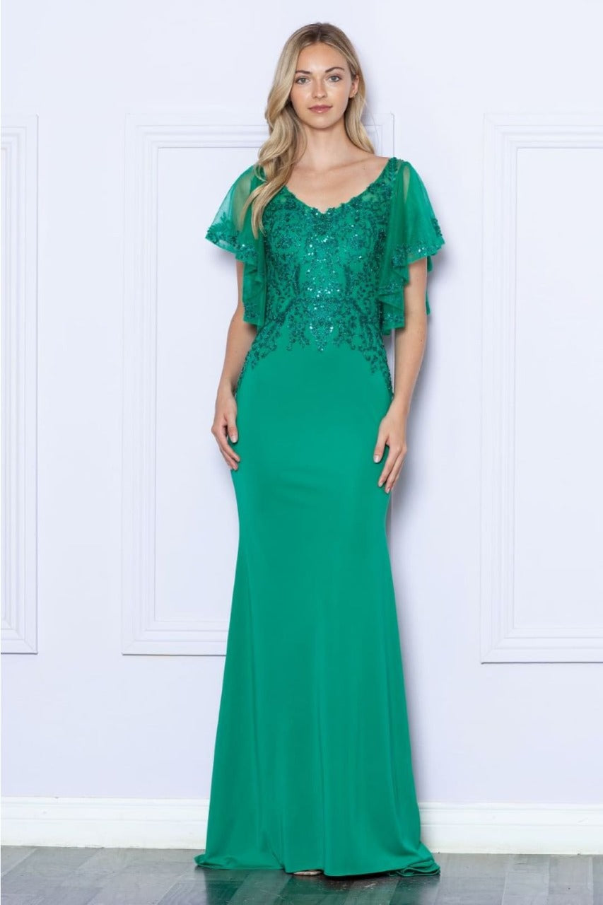 Poly USA 9318 Short Flutter Sleeve V-Neck Embroidered Evening Gown