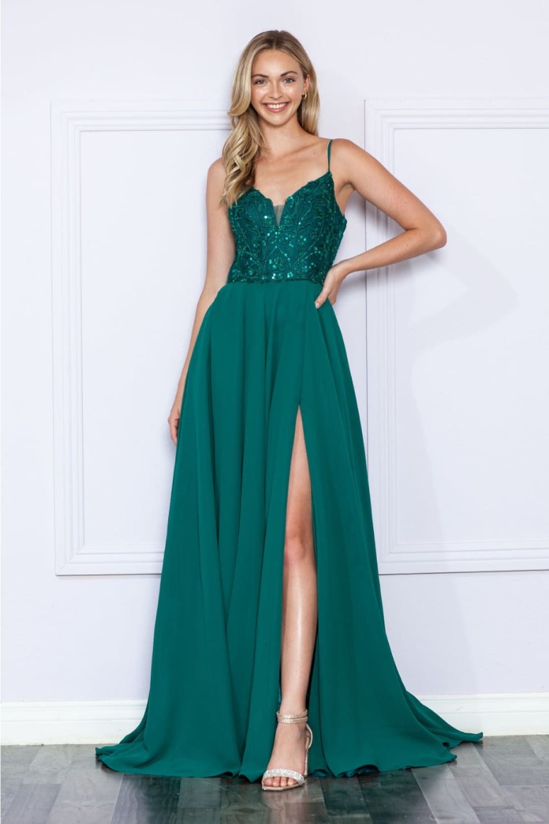 Poly USA 9368 Sleeveless Embroidered V- Neck Side Slit Formal Dress