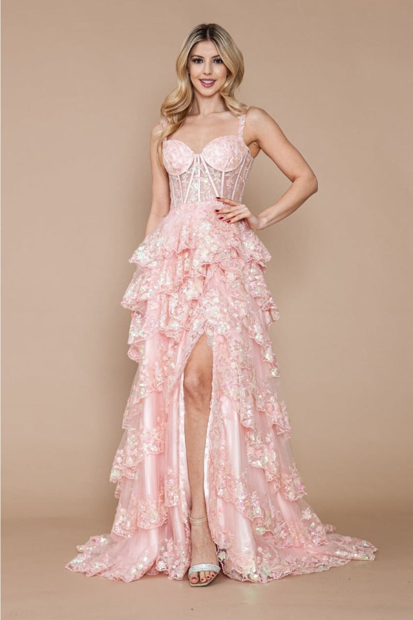 Poly USA 9410 Corset Floral Lace Embroidered Ruffle Prom Gown