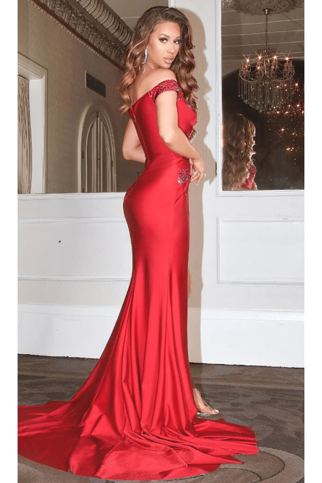 Portia and Scarlett PS22570 Off Shoulder Slit Red Prom Formal Dress