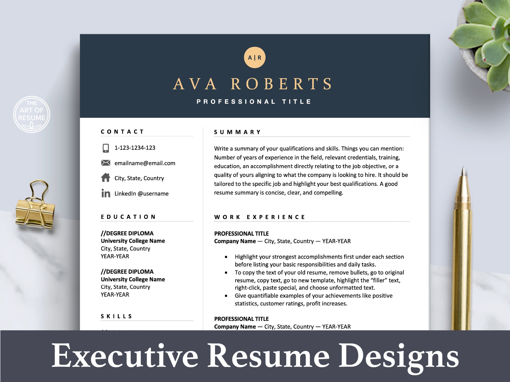 The Art of Resume | Executive Navy Blue Resume Template Design