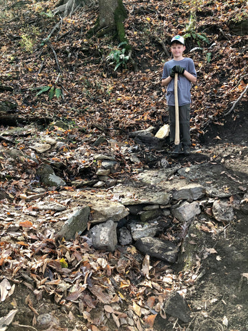 Will standing next on a rocky section of the Wood-Marr trail