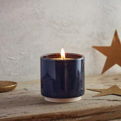 Orange & Cinnamon Winter's Eve blue potted candle lit