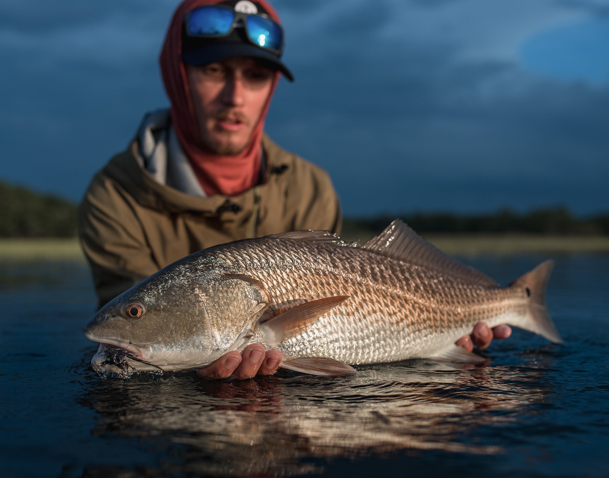 redfish, man holding redfish in the marsh, saltwater winter redfishing