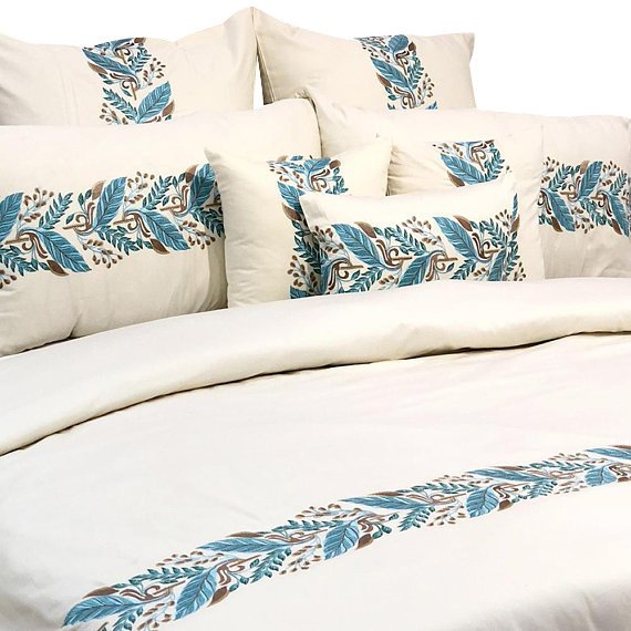 Ivory Blue Brown Cotton Duvet Cover Set Fern Embroidery The