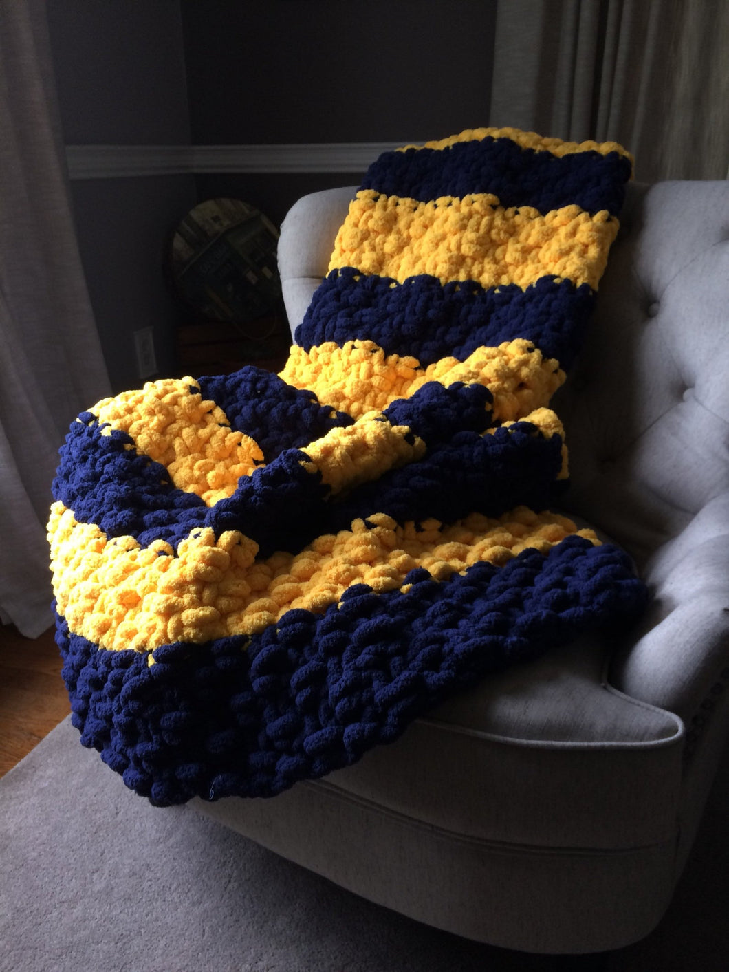 Navy and Yellow Blanket | Chunky Knit Blanket - Hands On For Homemade