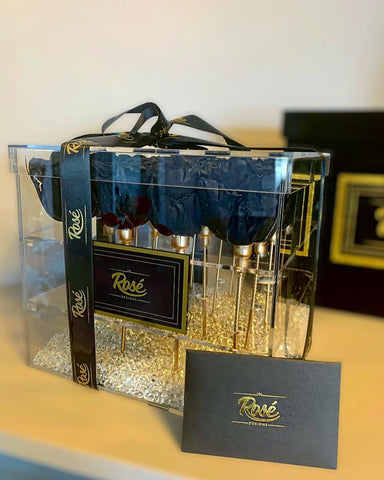Rosé Designs 16 rose box with Black Rose and gold packaging